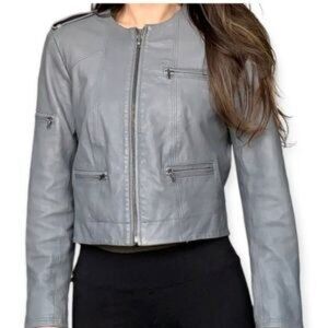 Alice + Olivia Lamb Leather Moto Biker Jacket Women's Size L Grey Buttery Soft